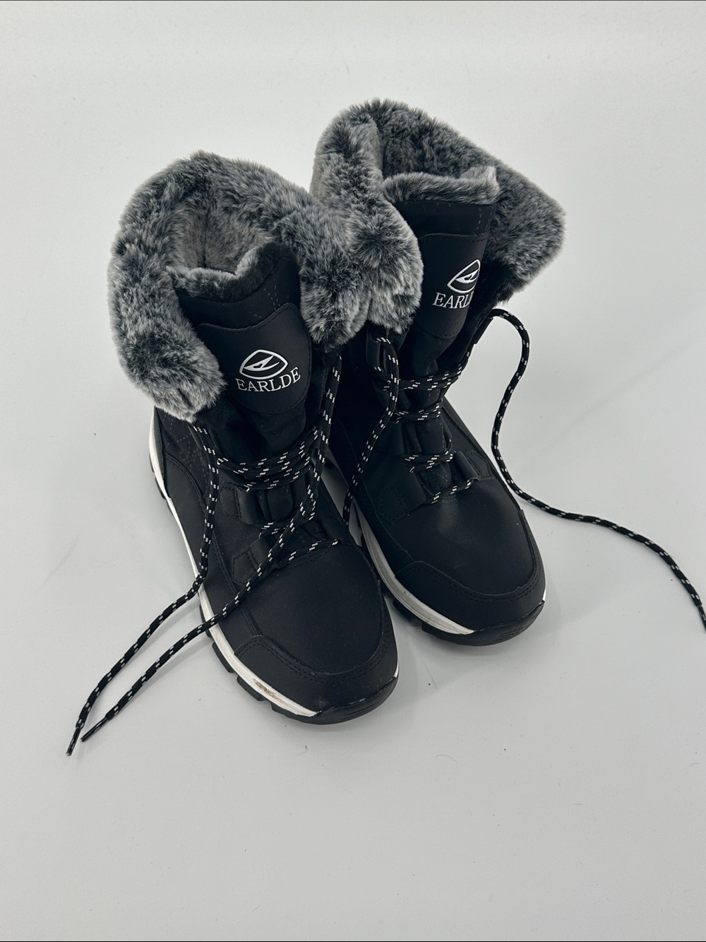 Earlde Black Winter Lace-Up Boots with Gray Faux-Fur Collar